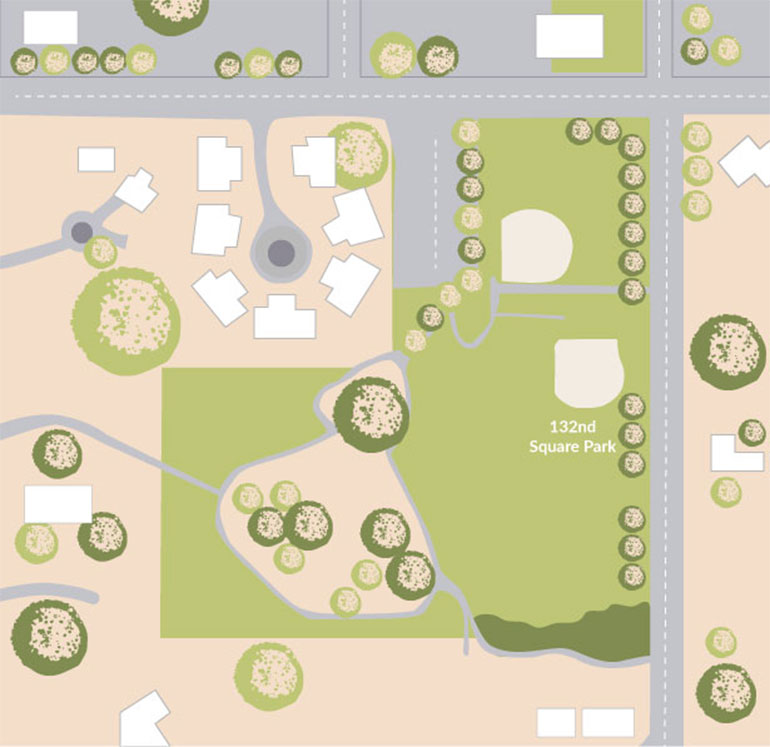 Illustrated map displaying the existing design of 132nd Square Park