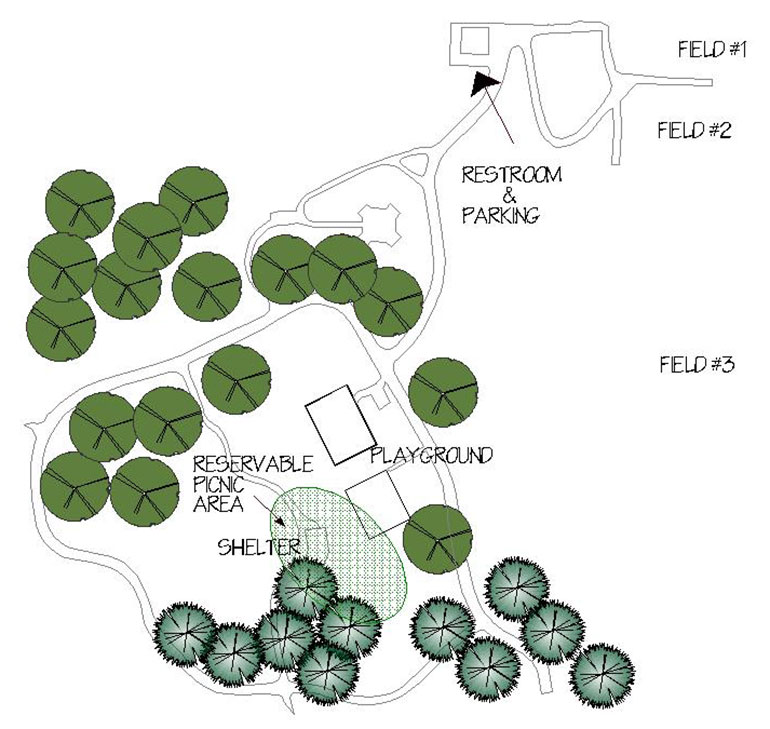 Illustration of current 132nd Square Park layout showing restrooms and parking, fields, playgrounds, a reservable picnic area and shelter, pathways, and trees